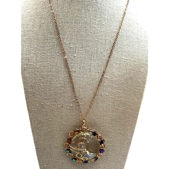 New Opal Copper Wire Wrapped Moon Pendant Gold Tone Necklace - Picture 8 of 13